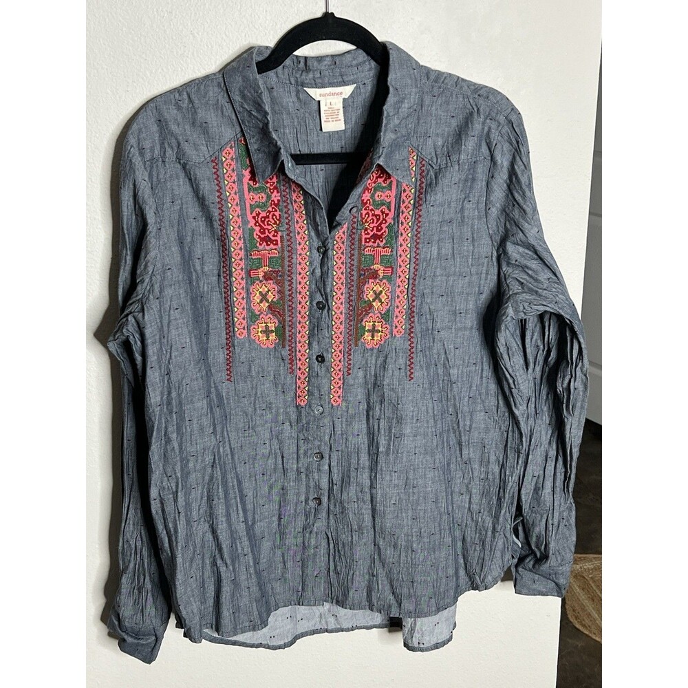 Sundance Catalog Shirt Women’s Medium Top Blue Embroidered Button Down Blouse